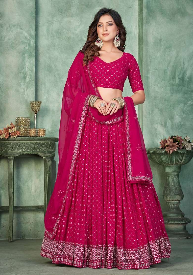 Pink Embroidered Georgette Lehenga Set - Indya