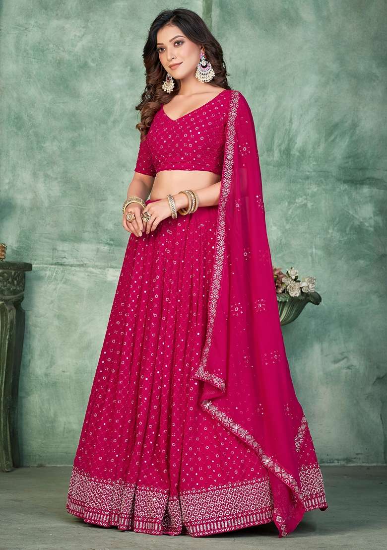 Pink Embroidered Georgette Lehenga Set - Indya