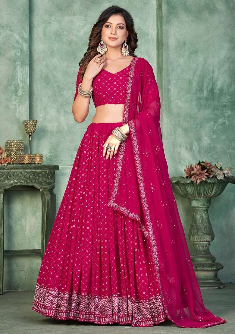 Pink Embroidered Georgette Lehenga Set - Indya