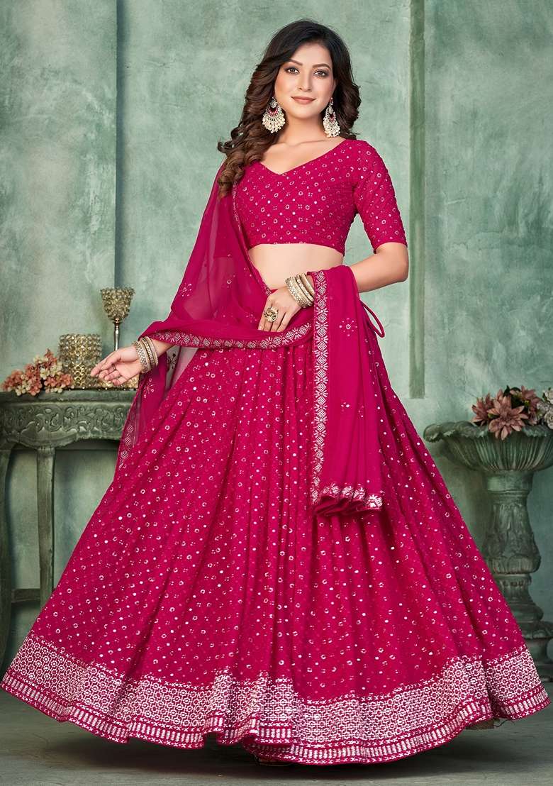 Pink Embroidered Georgette Lehenga Set - Indya