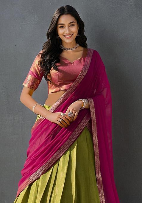 Pista Green Kanchipuram Silk Zari Woven Lehenga Set