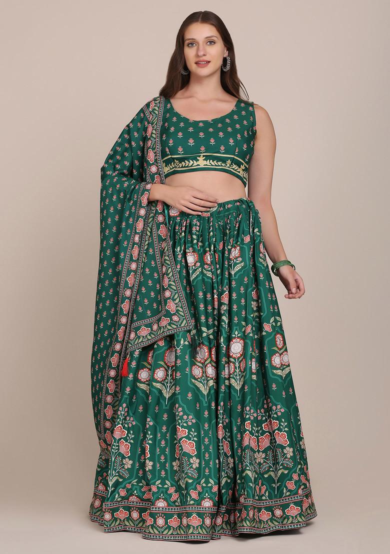 Green Printed Crepe Lehenga Set