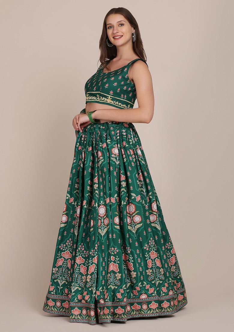 Green Printed Crepe Lehenga Set