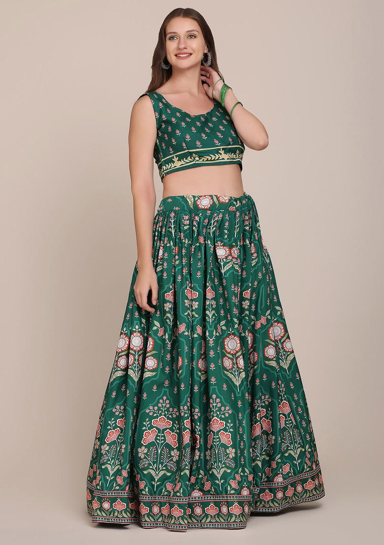 Green Printed Crepe Lehenga Set