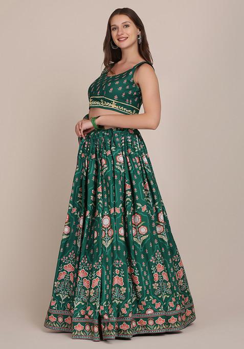 Green Printed Crepe Lehenga Set