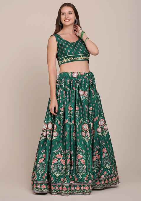Green Printed Crepe Lehenga Set