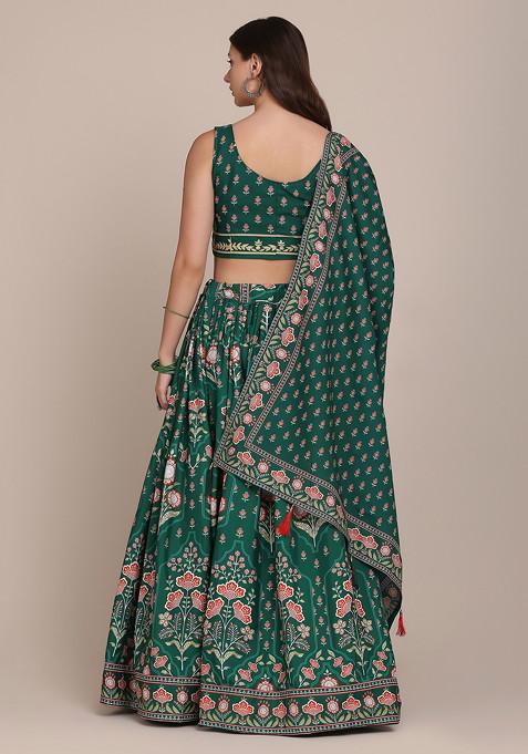 Green Printed Crepe Lehenga Set