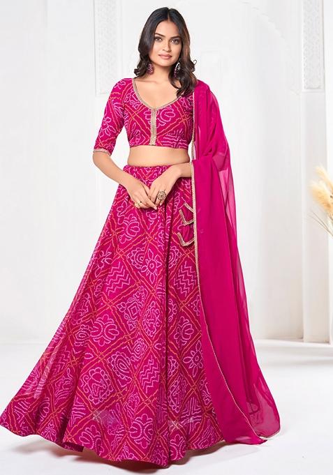 Pink Bandhani Print Georgette Lehenga Set
