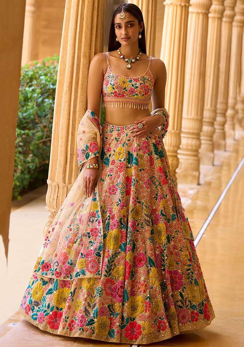 Multicolor Sequin Embroidered Faux Georgette Lehenga Set - Indya