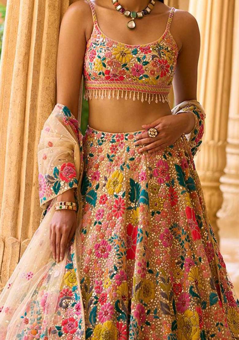 Multicolor Sequin Embroidered Faux Georgette Lehenga Set - Indya