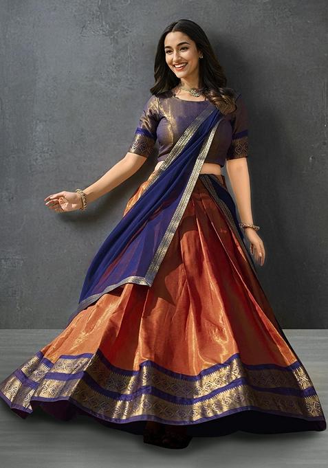 Orange Kanchipuram Silk Zari Woven Lehenga Set