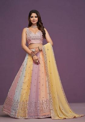Multicolour Thread Sequin Embroidered Georgette Lehenga Set