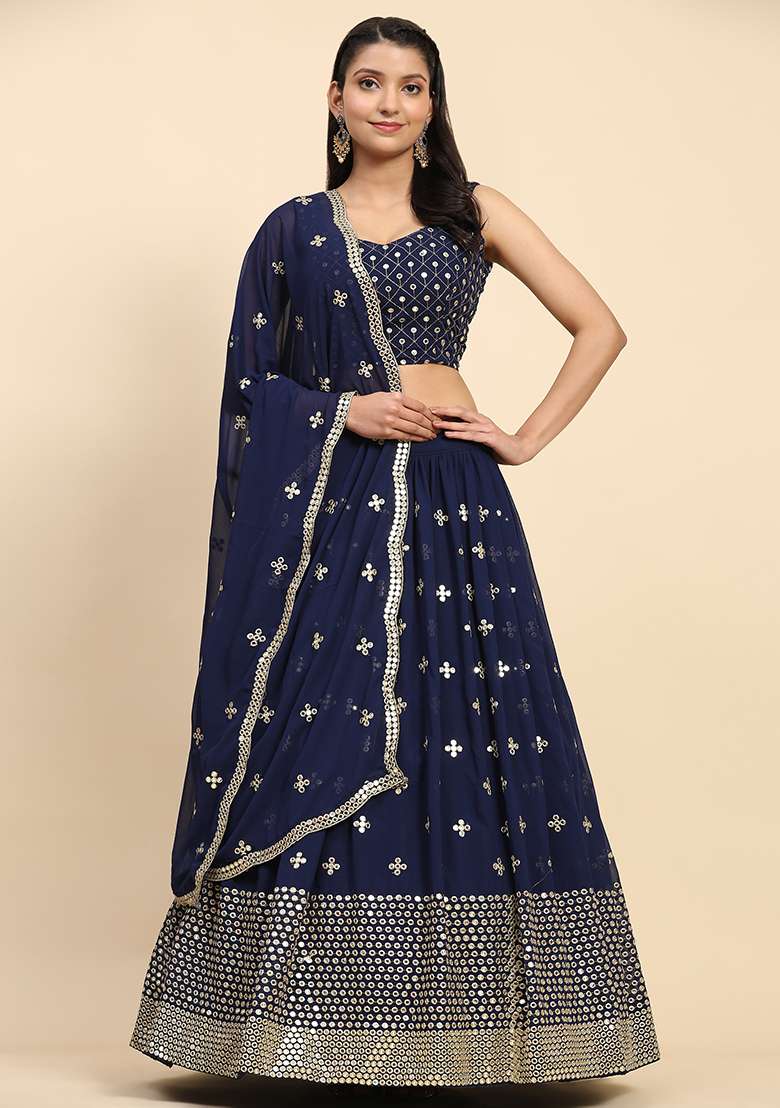 Blue Sequin Embroidered Faux Georgette Lehenga Set - Indya