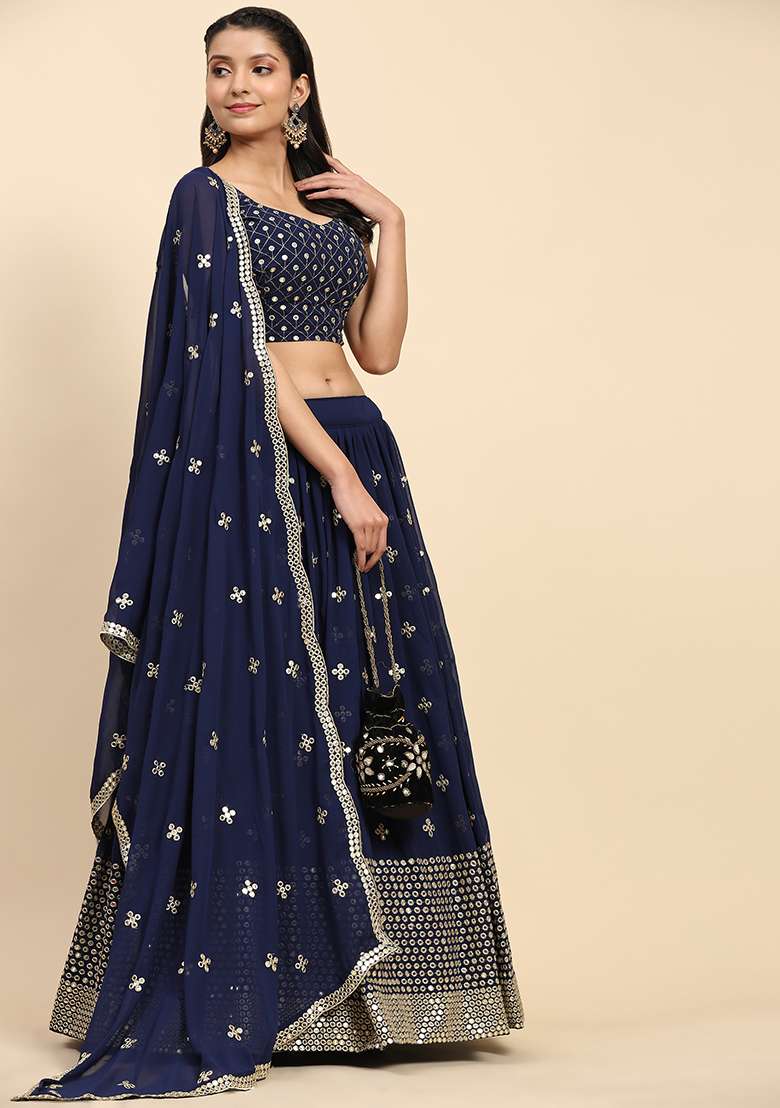 Blue Sequin Embroidered Faux Georgette Lehenga Set - Indya