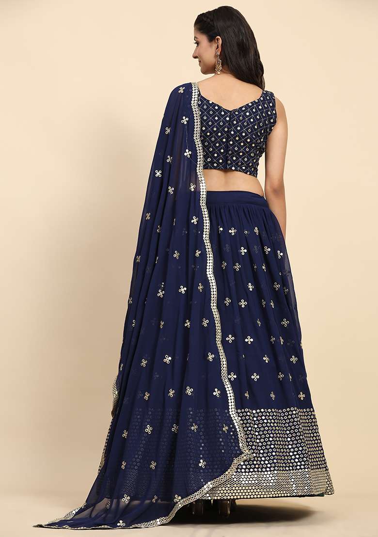 Blue Sequin Embroidered Faux Georgette Lehenga Set - Indya