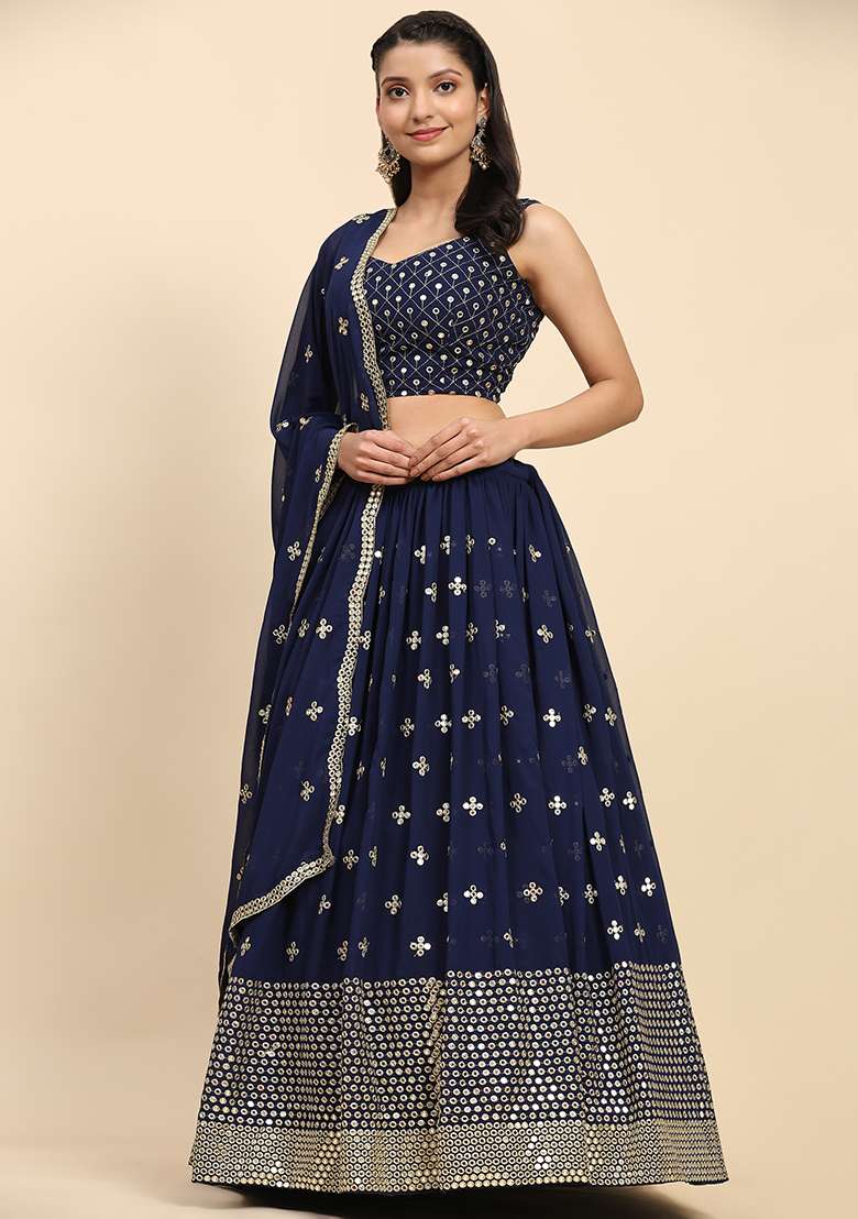 Blue Sequin Embroidered Faux Georgette Lehenga Set - Indya