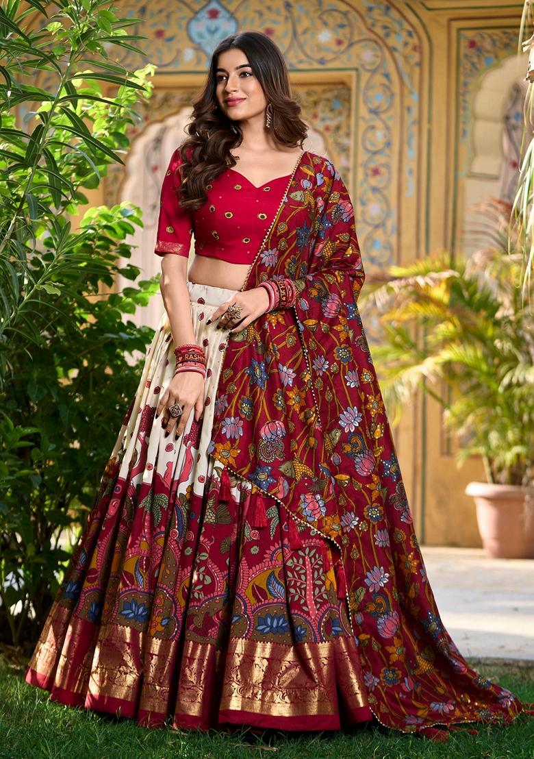 Off White Kalamkari Print Tussar Silk Lehenga Set