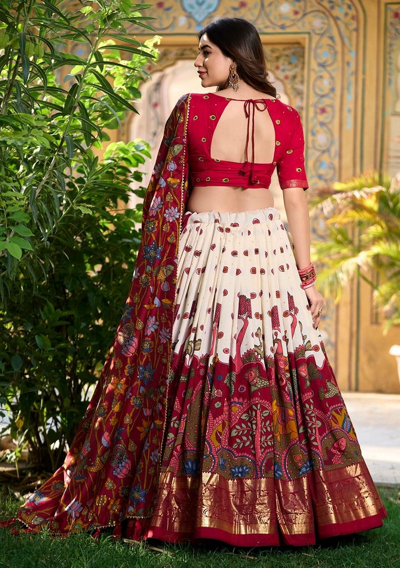 Off White Kalamkari Print Tussar Silk Lehenga Set