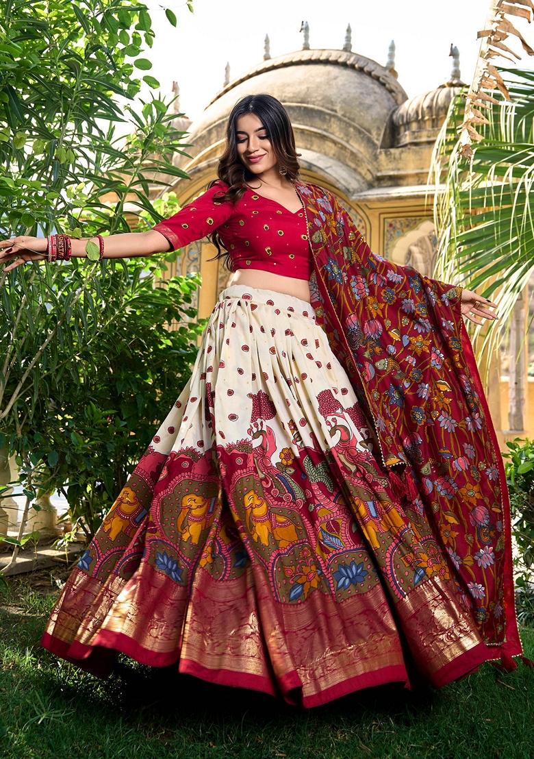 Off White Kalamkari Print Tussar Silk Lehenga Set