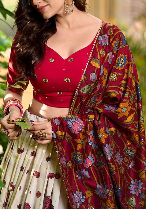 Off White Kalamkari Print Tussar Silk Lehenga Set