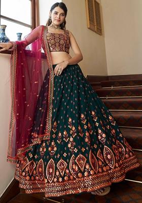 Dark Green Thread Embroidered Georgette Lehenga Set