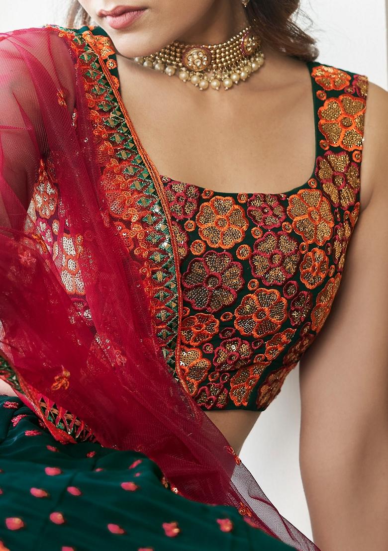 Dark Green Thread Embroidered Georgette Lehenga Set