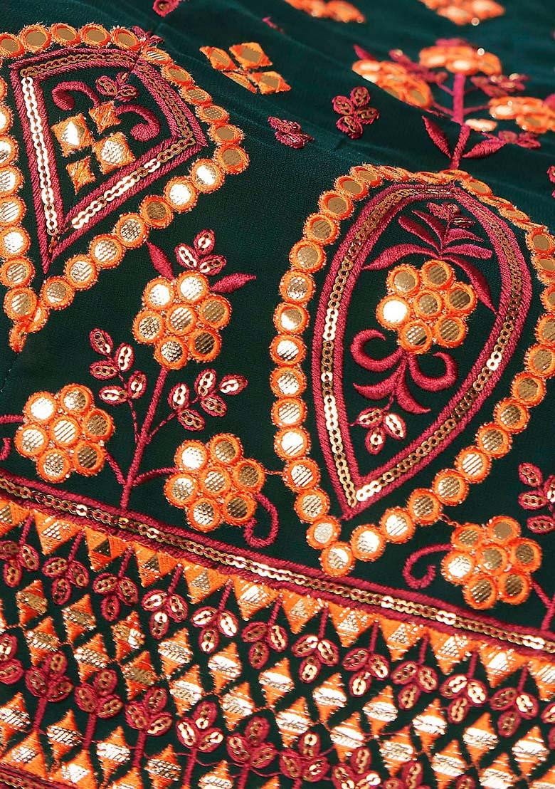 Dark Green Thread Embroidered Georgette Lehenga Set