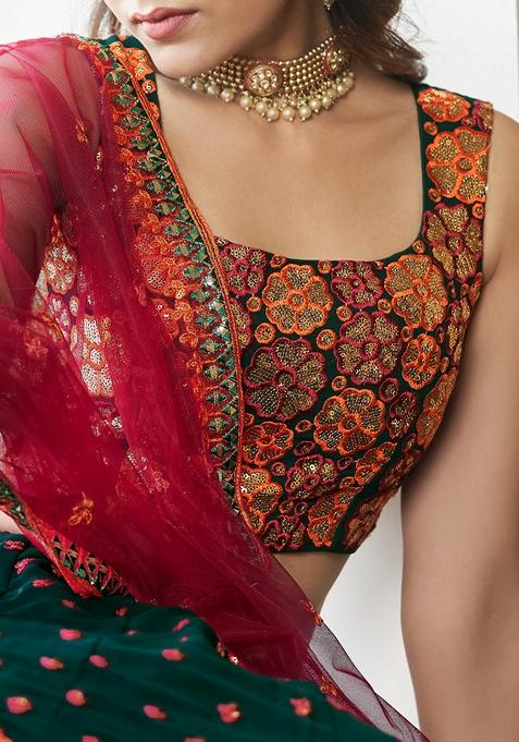 Dark Green Thread Embroidered Georgette Lehenga Set