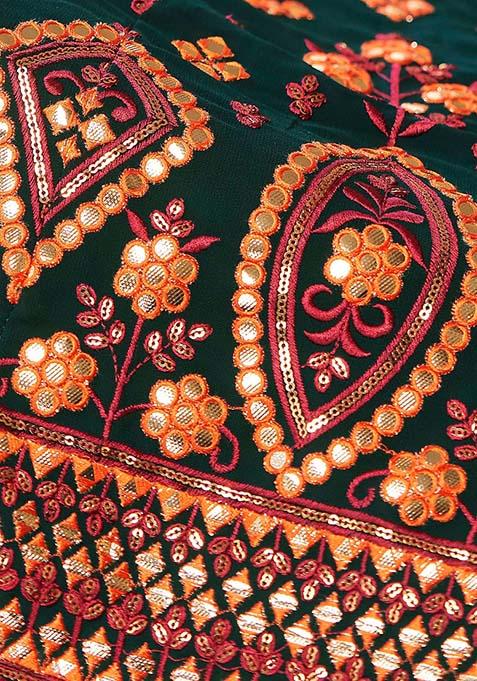 Dark Green Thread Embroidered Georgette Lehenga Set