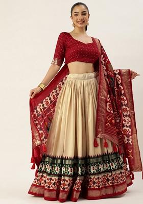 Off White Foil Work Patola Printed Lehenga Set
