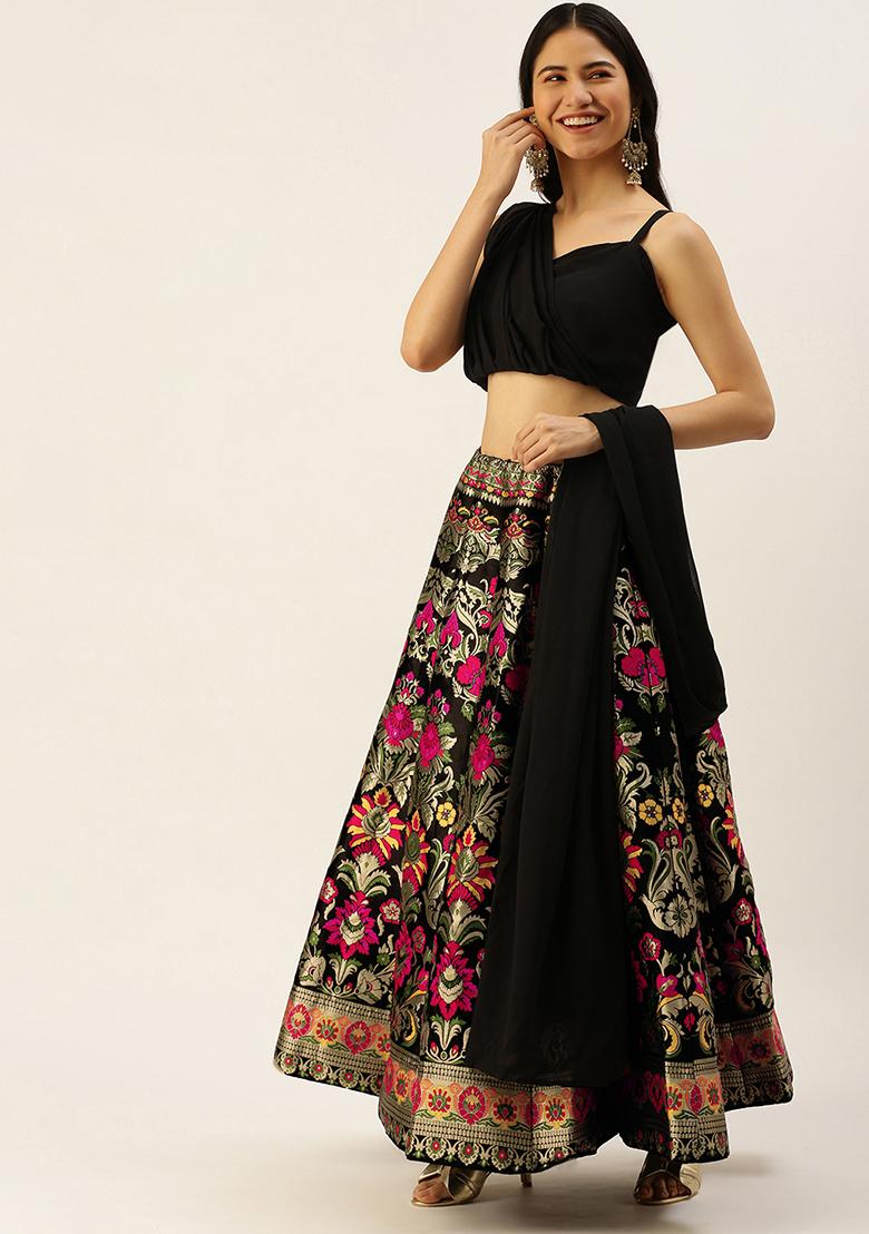 Black Zari Woven Banarasi Silk Lehenga Set