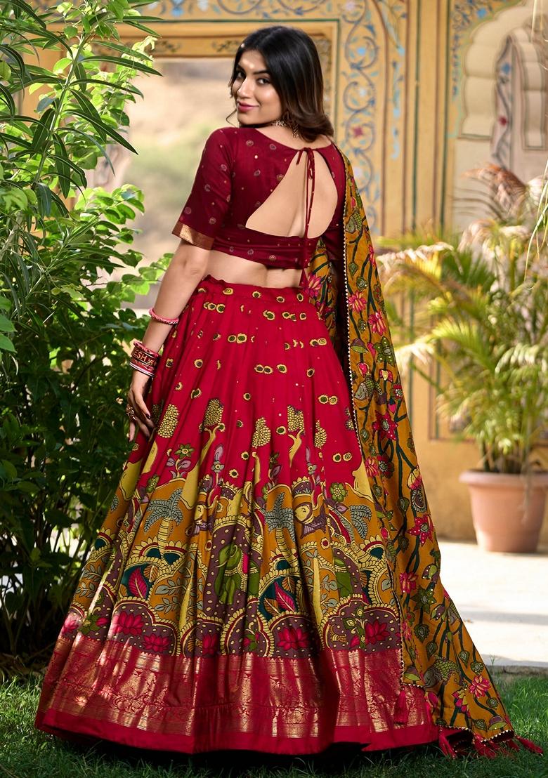 Red Kalamkari Print Tussar Silk Lehenga Set