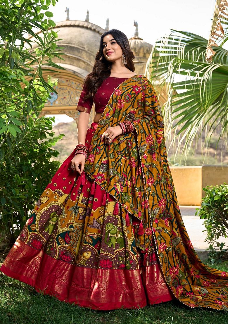 Red Kalamkari Print Tussar Silk Lehenga Set