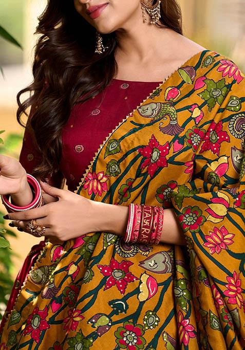 Red Kalamkari Print Tussar Silk Lehenga Set