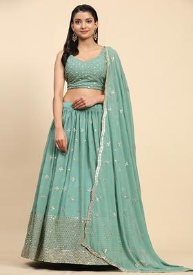 Green Sequin Embroidered Faux Georgette Lehenga Set