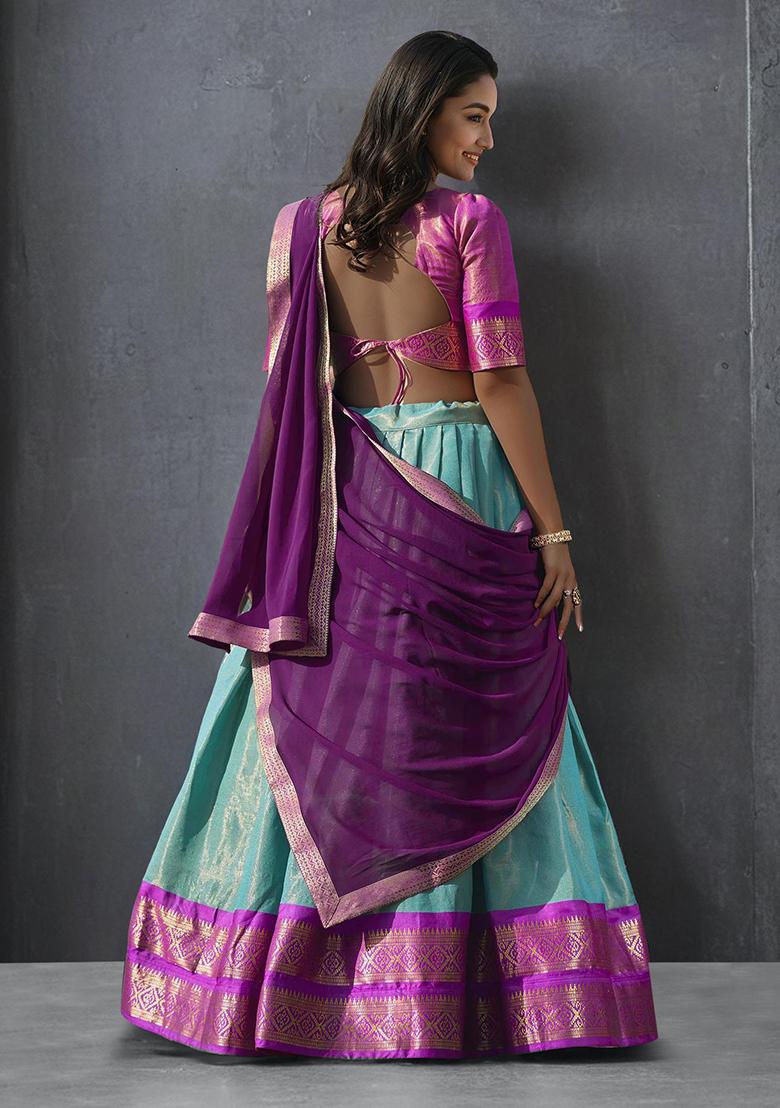 Sky Blue Kanchipuram Silk Zari Woven Lehenga Set