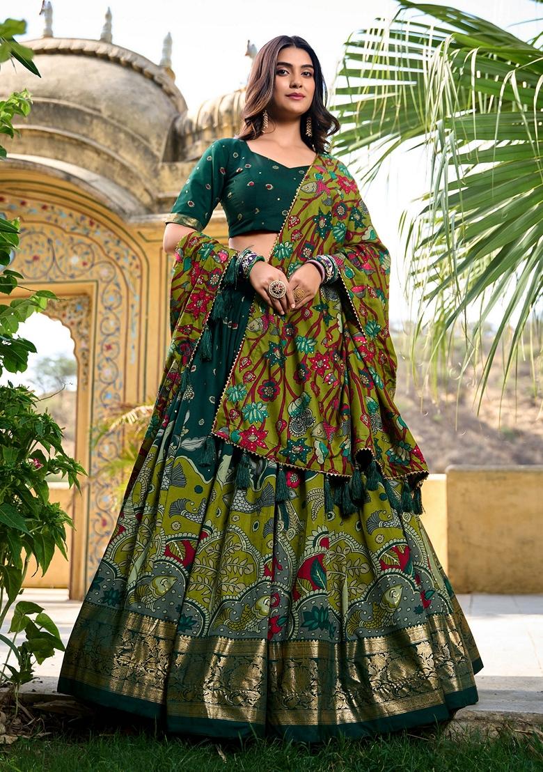 Green Kalamkari Print Tussar Silk Lehenga Set
