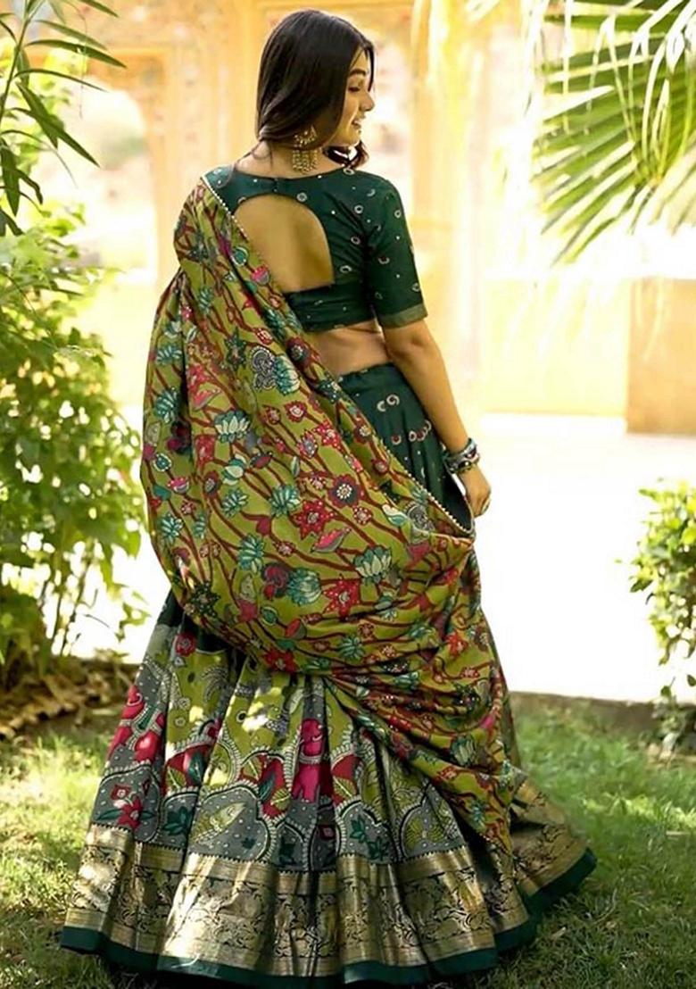 Green Kalamkari Print Tussar Silk Lehenga Set