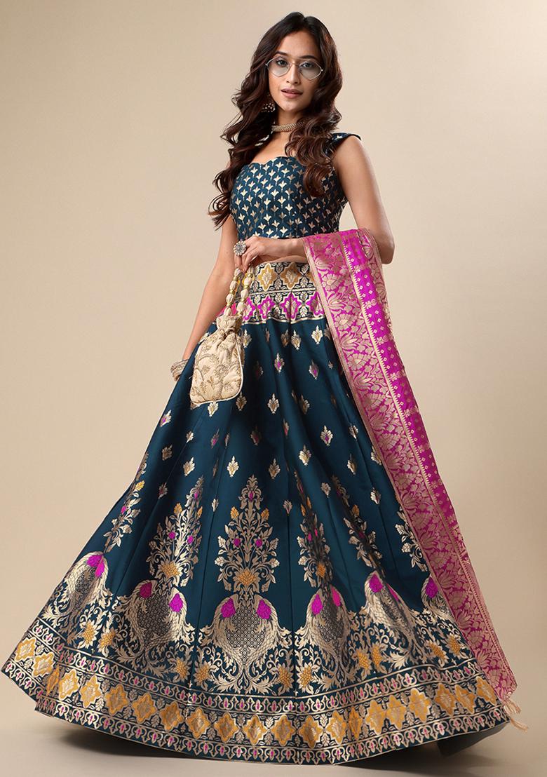 Dark Teal Woven Zari Jacquard Lehenga Set