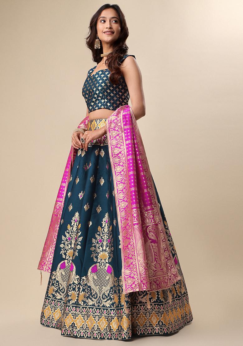 Dark Teal Woven Zari Jacquard Lehenga Set