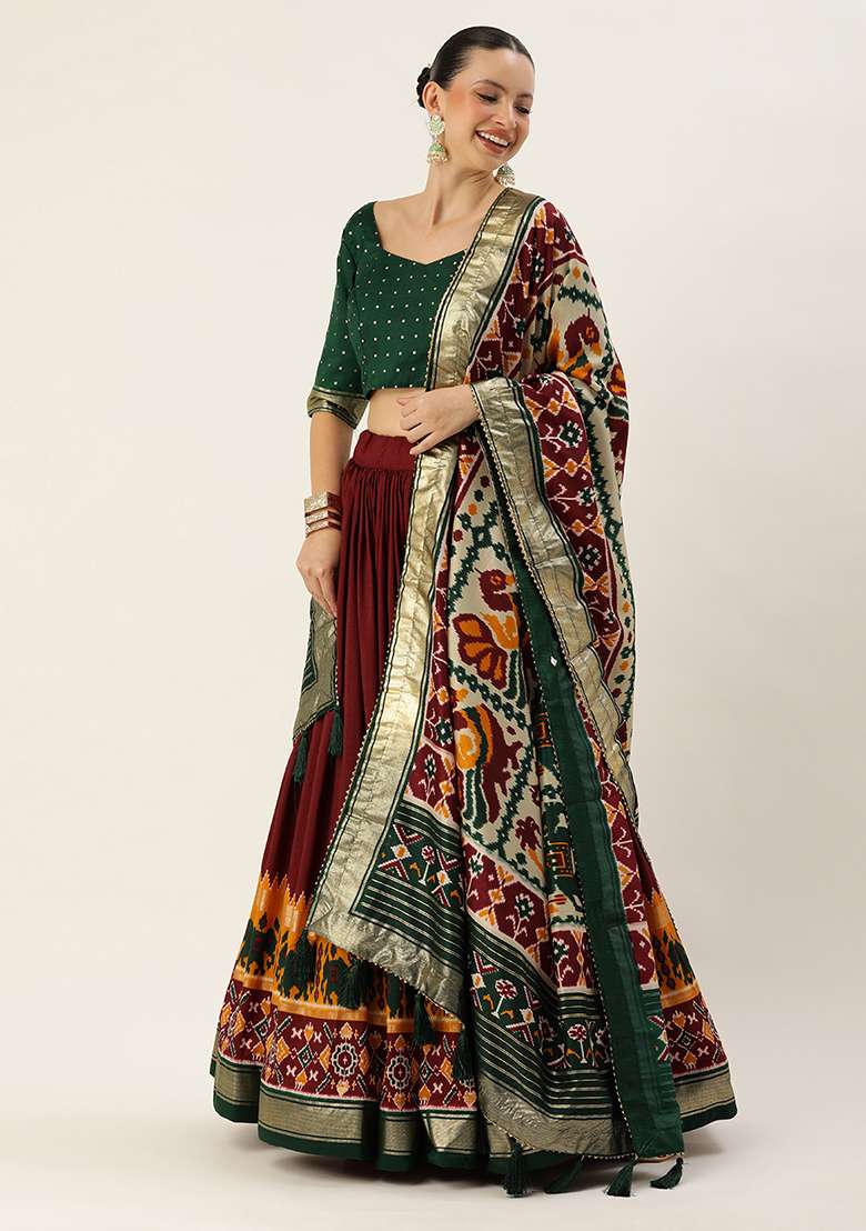 Maroon Patola Print Tussar Silk Blend Lehenga Set - Indya