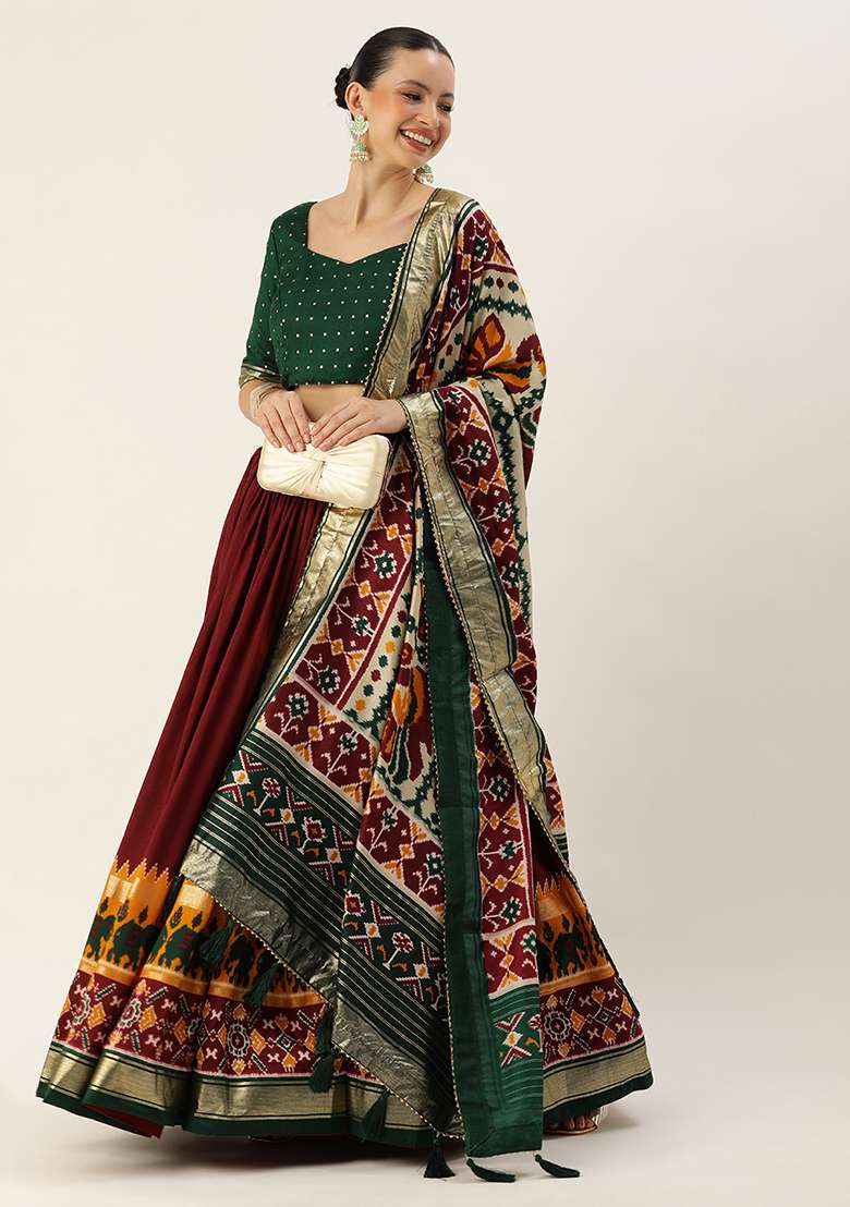 Maroon Patola Print Tussar Silk Blend Lehenga Set - Indya