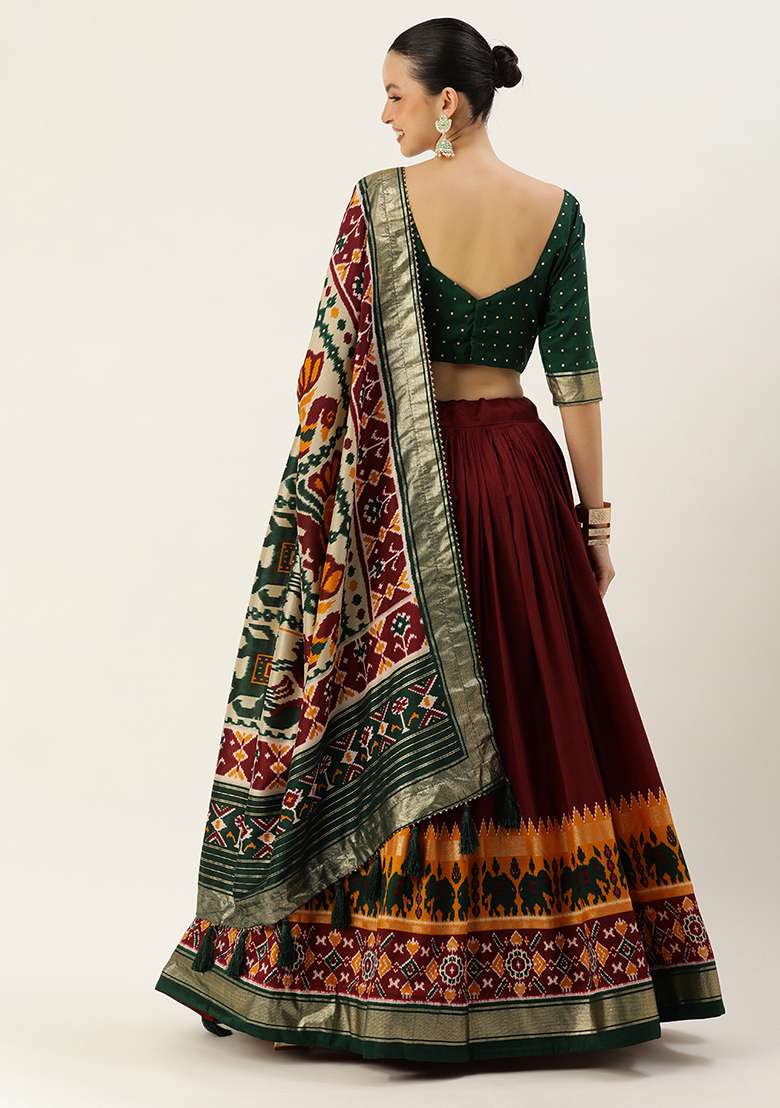 Maroon Patola Print Tussar Silk Blend Lehenga Set - Indya