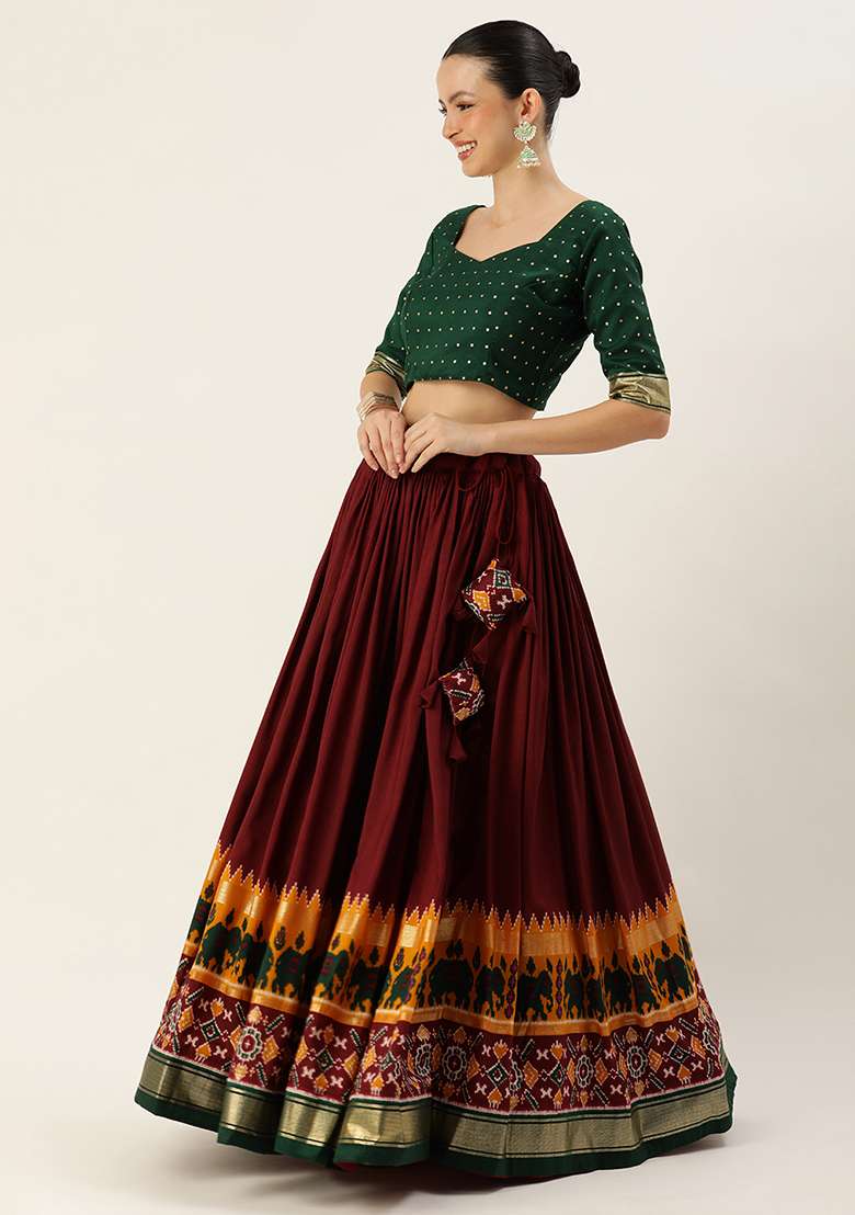 Maroon Patola Print Tussar Silk Blend Lehenga Set - Indya
