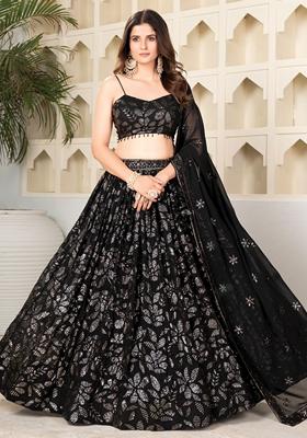 Black Sequin Embroidered Faux Blooming Lehenga Set