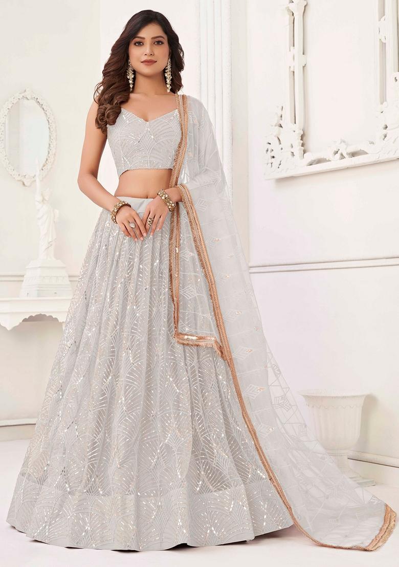 Off White Sequin Thread Embroidered Net Lehenga Set