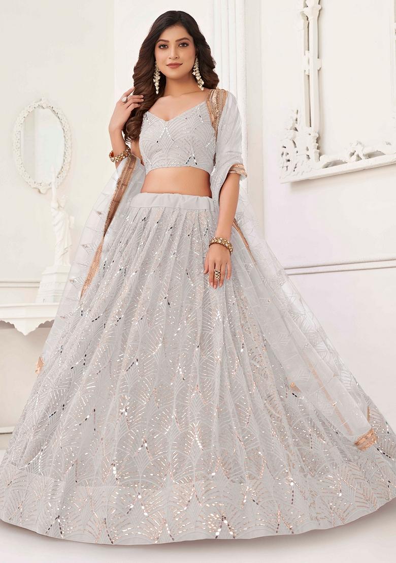 Off White Sequin Thread Embroidered Net Lehenga Set