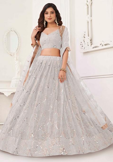 Off White Sequin Thread Embroidered Net Lehenga Set