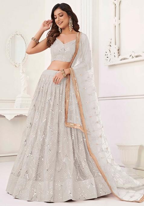 Off White Sequin Thread Embroidered Net Lehenga Set