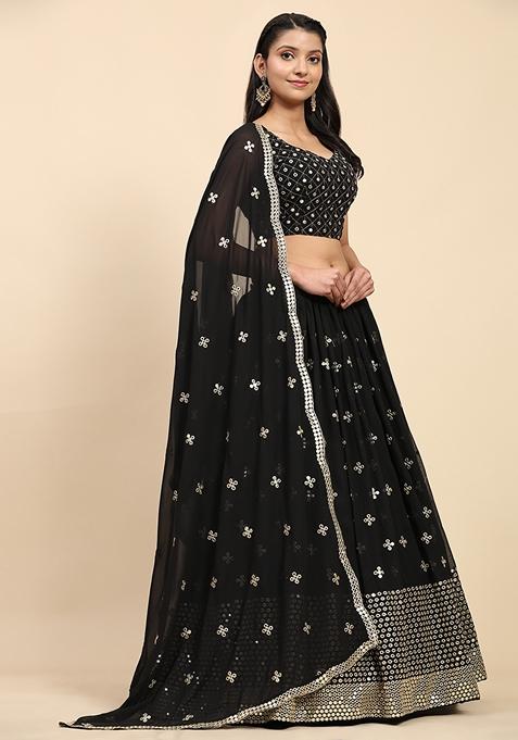 Black Sequin Embroidered Faux Georgette Lehenga Set